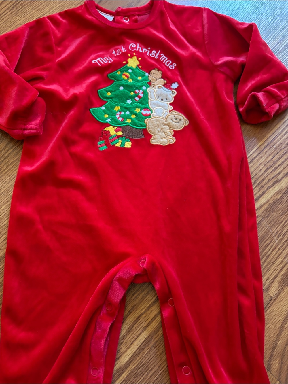 Avon Red Velvet Baby Footie with Embroidered Christmas Tree